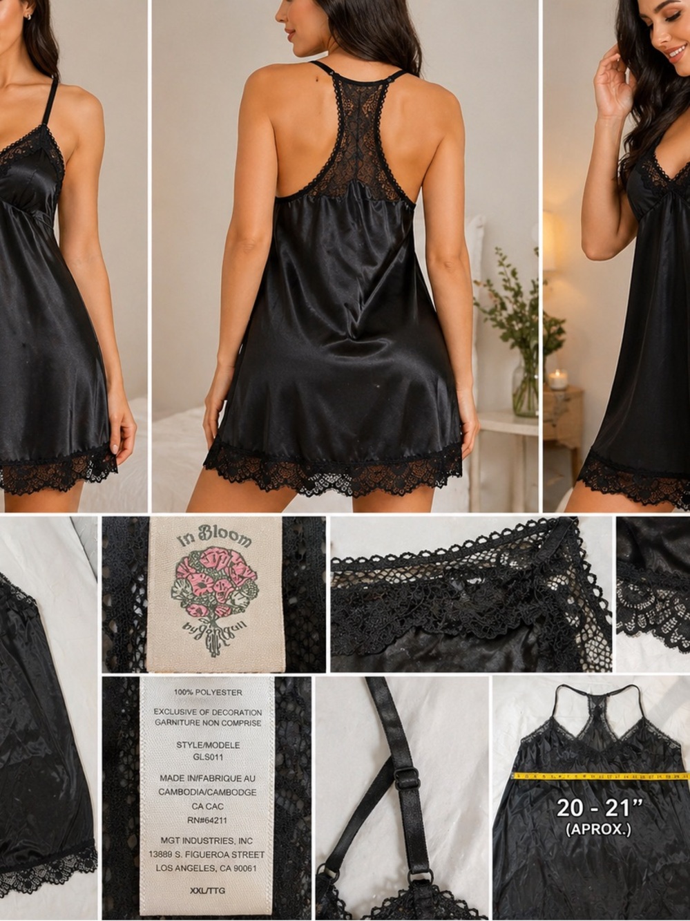 In Bloom by Jonquil Black Satin Lace Nightgown Women’s XXL Racerback Slip Dress